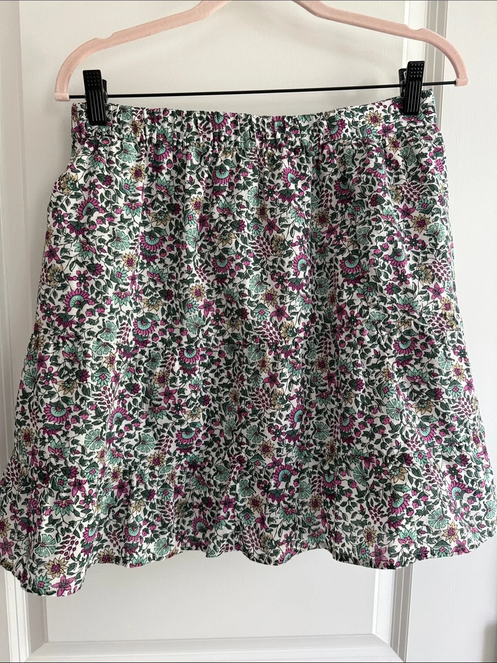 J. Crew Floral Mini Ruffle Skirt  in White, Green and Pink
